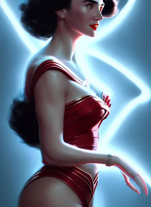 Prompt: portrait of 1 9 5 0 s darna, young jennifer connelly, intricate, elegant, glowing lights, highly detailed, digital painting, artstation, glamor pose, concept art, smooth, sharp focus, illustration, art by wlop, mars ravelo and greg rutkowski
