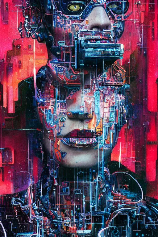 Prompt: portrait of computer & circuits, melting, the billionaire, 8 k, by tristan eaton, stanley artgermm, tom bagshaw, greg rutkowski, carne griffiths, ayami kojima, beksinski, giger, trending on deviantart, face enhance, hyper detailed, minimalist, cybernetic, android, blade runner, full of colour, super detailed