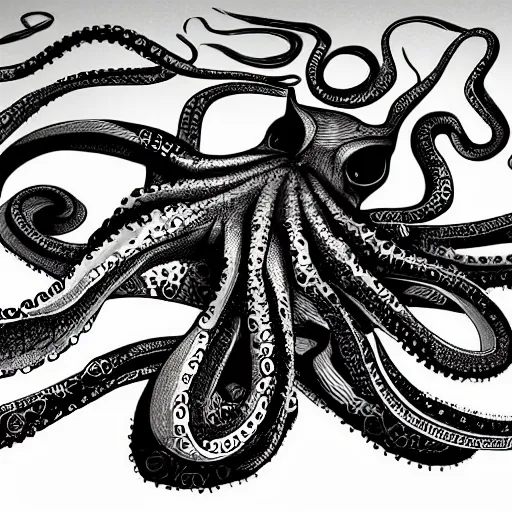 Prompt: a cross between a cat and an octopus, realistic, detailed, black and white illustration