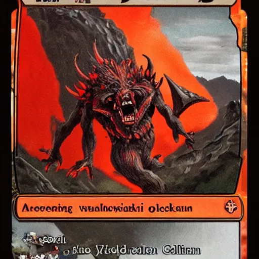 Image similar to a highly detailed red and black obsidian volcanic goblin, like magic the gathering, goblin chainwalker, with a volcano in the background ” w 7 6 8