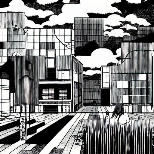 Image similar to a manga vignette with a japanese urban geometrical landscape, black and white, in style of inio asano