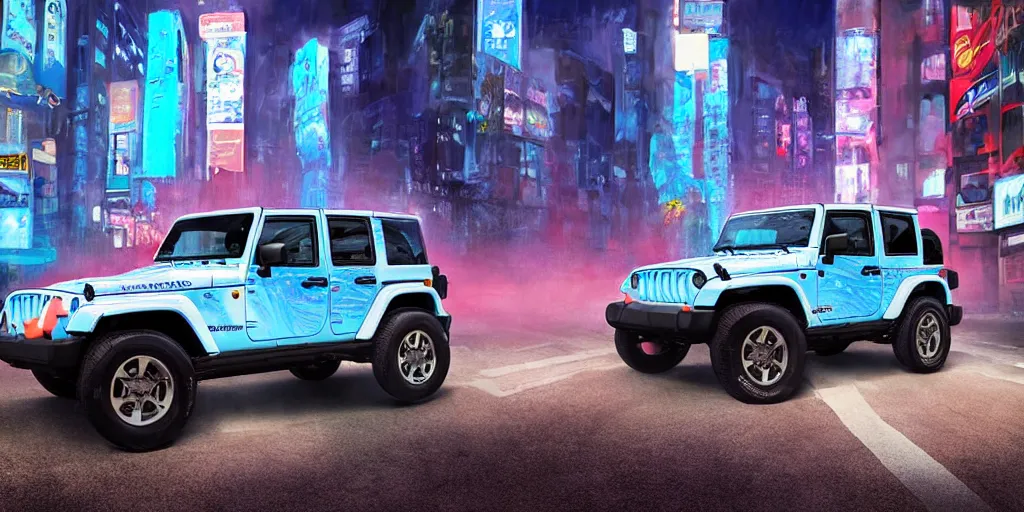 Prompt: lonely itasha 1997 hardtop Jeep Wrangler off road, digital painting, beautiful iridescent fog swallows urban Shibuya, planets can be seen in the sky above, beautiful, neon night, cinematic, extraordinary, colorful, photorealistic, ultra realistic, lights and shadows, beautiful reflections, smooth