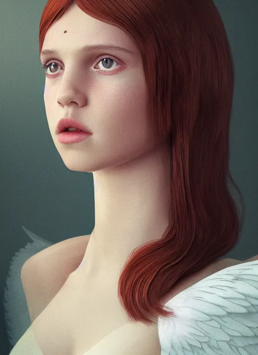 Image similar to portrait art of girl resembling millie bobby brown or alicia vikander as a redheaded angel, art by alessio albi 8 k ultra realistic, angel wings, lens flare, atmosphere, glow, detailed, intricate, full of colour, led lighting, trending on artstation, 4 k, hyperrealistic, focused, extreme details, unreal engine 5, masterpiece