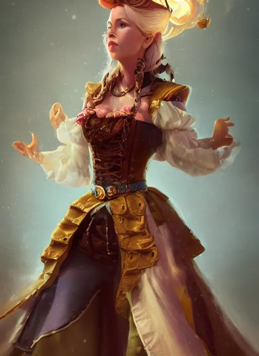 Image similar to detailed full body concept oil painting of a Disney princess pirate in beautifully designed clothing, cinematic lighting, hyperdetailed, cgsociety, 8k, high resolution, insanely detailed and intricate, octane render, vfx, postprocessing, freckles, alluring