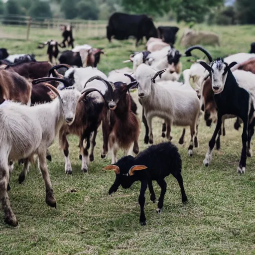 Image similar to scared guy running away from a pack of goats at the farm