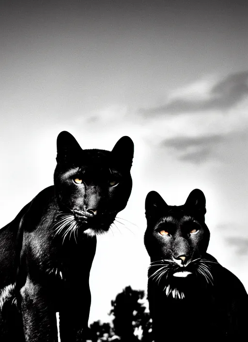 Image similar to two black panthers black and white portrait white sky in background