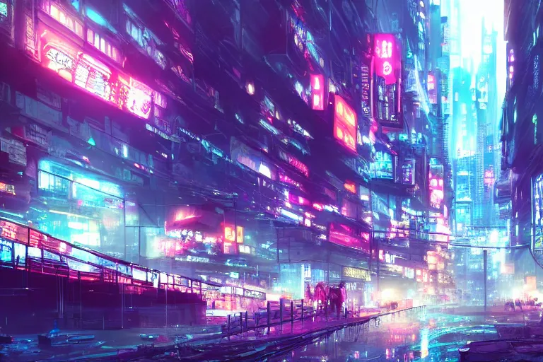 Image similar to a dystopian cyberpunk city with to much neon light, a large tv in the middle of the city, anime, 4k, super wide angle, PS5 graphic, digital art, trending on artstation