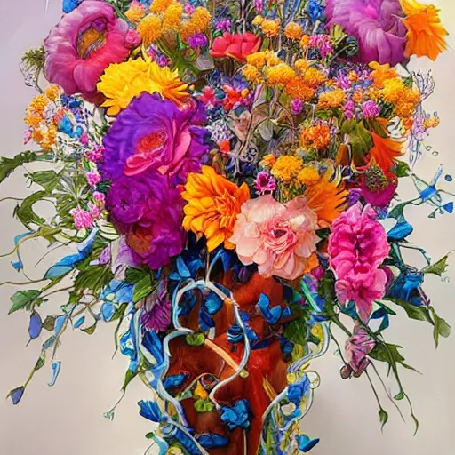 Image similar to a bouquet of surreal big colorful transparent entangled flowers, wild foliage, vivid, detailed painting, by JC Leyendecker, WLOP, artgerm and James Jean, masterpiece, award winning painting