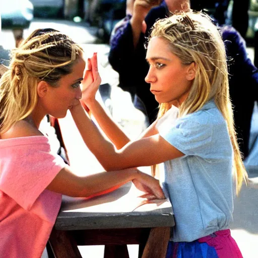 Prompt: mary kate and ashley olsen arm wrestling