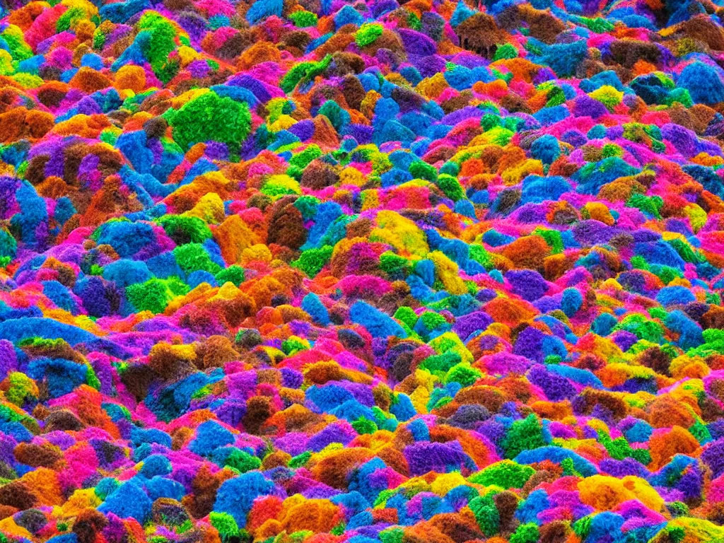 Image similar to a mountain made out of colorful cats, photography