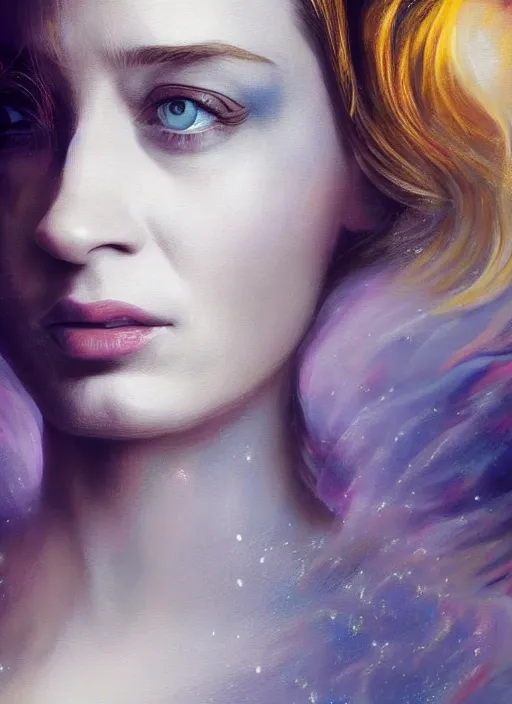Image similar to amazingly pretty painting depiction of 20 year old Emily Blunt as a young goddess staring seductively at you. ultra detailed painting at 16K resolution and amazingly epic visuals. epically beautiful image. amazing effect, image looks gorgeously crisp as far as it's visual fidelity goes, absolutely outstanding. vivid clarity. ultra. iridescent. mind-breaking. mega-beautiful pencil shadowing. beautiful face. Ultra High Definition. godly shading. amazingly crisp sharpness. photorealistic film cel processed twice..