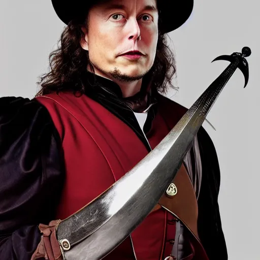 Image similar to photo of elon musk as a musketeer, he has a big black hat with a red feather, he is holding a shiny rapier sword and he is looking straight to the camera, brown background, studio lighting, 4 k, 8 k