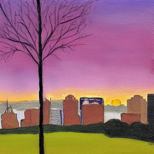 Image similar to pittsburgh, distant, sunset, trees, looking down, art by tom hammick