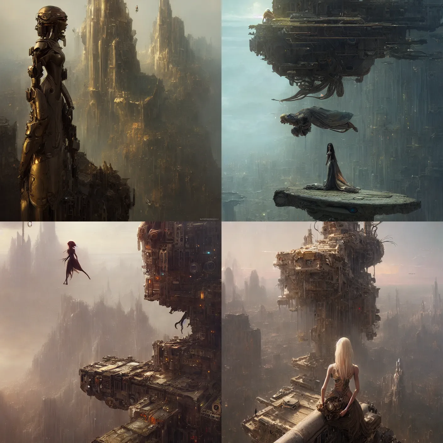 Prompt: detailed, sharp, portrait a dreaming humanoid female automata floating above a dystopia by James Gurney, by Greg Rutkowski, digital art, surreal, trending on artstation, HD, 8K, highly detailed, good lighting. beautiful. epic.