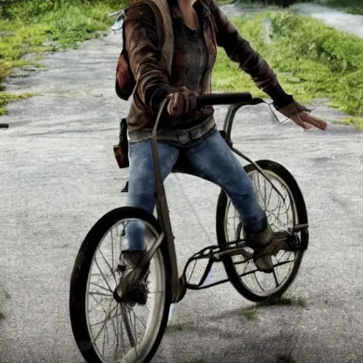 Prompt: ellie from the last of us riding a bycycle