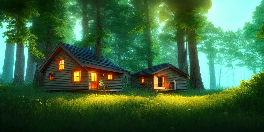 Prompt: a cozy little house in the woods, relaxing, 3 d concept art by scott zenteno, chill, relaxing, peaceful, sunset, extremely detailed art, unreal engine 5, hyper realism, blue - green aesthatic