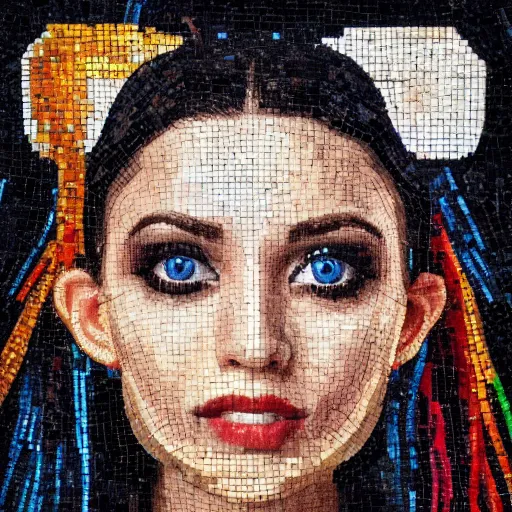 Prompt: portrait mosaic of a beautiful cute girl with robot ears and eyes, 4k, intricate details