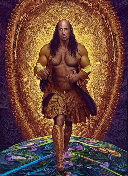 Image similar to beautiful oil painting, full length portrait of Dwayne the rock Johnson as Louis xiv in coronation robes 1701, Dan Mumford, Dan Mumford, Alex grey, highly detailed , dmt fractal patterns, hallucinogen, visionary art, psychedelic art, ornate, vaporwave