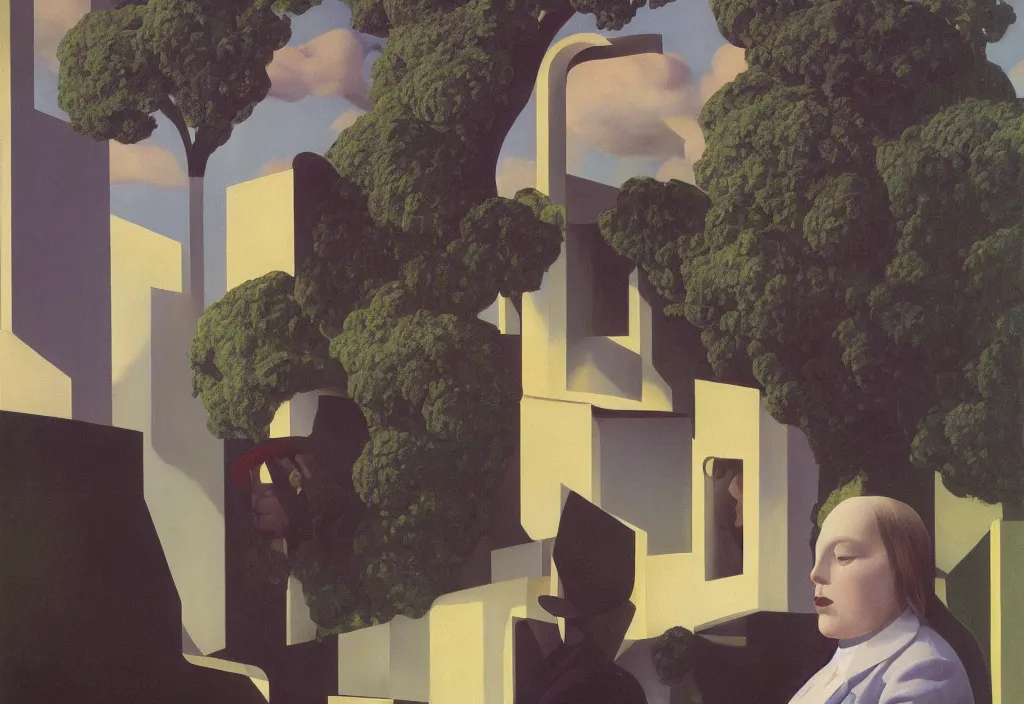 Image similar to three of people pictured in afternoon light, background of surreal architecture with an open ceiling, trees and absurd objects : : close - up of the faces, surrealist oil painting by edward hopper, dora maar and rene magritte