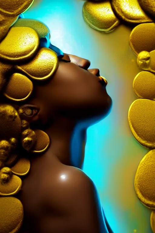 Image similar to hyperrealistic post - futurist cinematic very expressive! profile black oshun goddess, in water!! up to shoulders, mirror dripping droplet!, gold flowers, highly detailed face, digital art masterpiece, smooth eric zener cam de leon, dynamic pearlescent turquoise light, low angle uhd 8 k, sharp focus