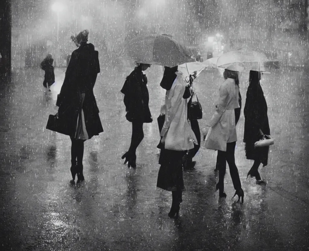 Image similar to 1960s fashion photography on the streets of London photographed by Annie Leibovitz, flash photography, holga, raining!, nighttime, colorful, photorealistic, atmospheric,