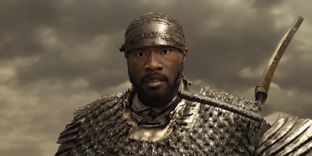 Image similar to a film still of a black man starring in a japanese blockbuster film as ancient samurai, intense, shallow depth of field, cinematic, award winning cgi, vfx, film still