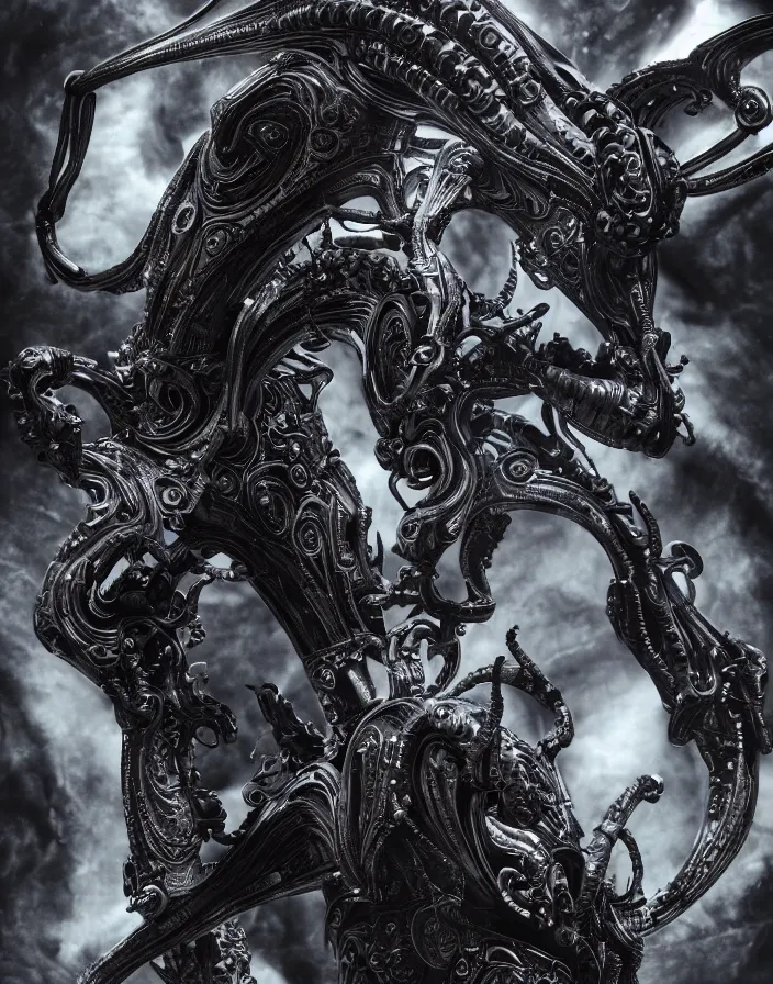 Image similar to engineer prometheus, xenomorph alien, highly detailed, symmetrical long head, smooth marble surfaces, detailed ink illustration, raiden metal gear, cinematic smooth stone, deep aesthetic, concept art, post process, 4k, carved marble texture and silk cloth, latex skin, highly ornate intricate details, prometheus, evil, moody lighting, hr geiger, hayao miyazaki, indsutrial Steampunk