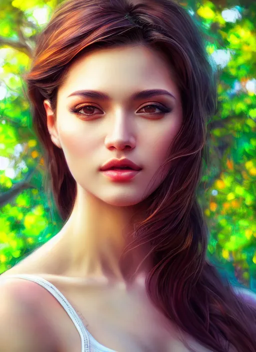 Image similar to photo of a gorgeous female in the style of stefan kostic, realistic, half body shot, sharp focus, 8 k high definition, insanely detailed, intricate, elegant, art by stanley lau and artgerm, extreme bokeh light spring foliage