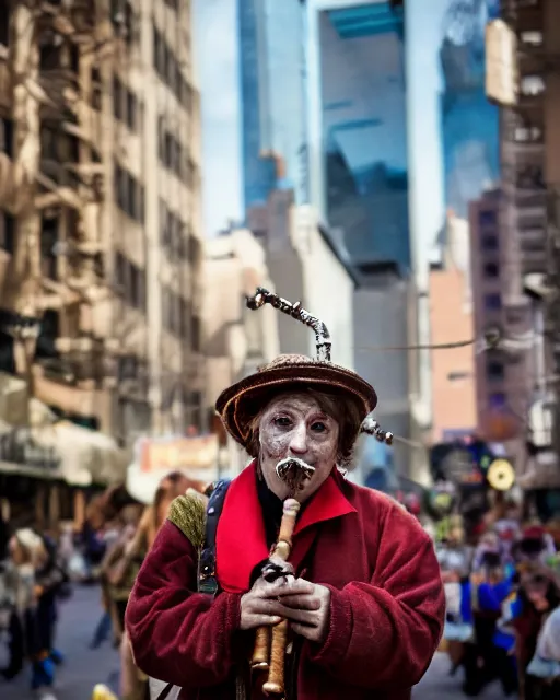 Prompt: mysterious man dressed as the pied piper of hamelin plays his cane pipe, as thousands of children march behind him thru the streets of downtown nyc, cinematic, supernatural, bokeh