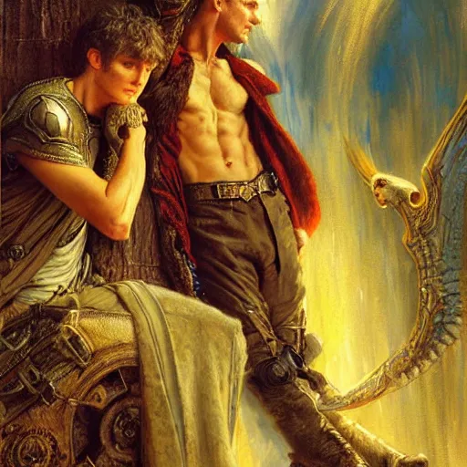 Image similar to stunning arthur pendragon in love with stunning male merlin the mage. they are close to each other. highly detailed painting by gaston bussiere, craig mullins, j. c. leyendecker