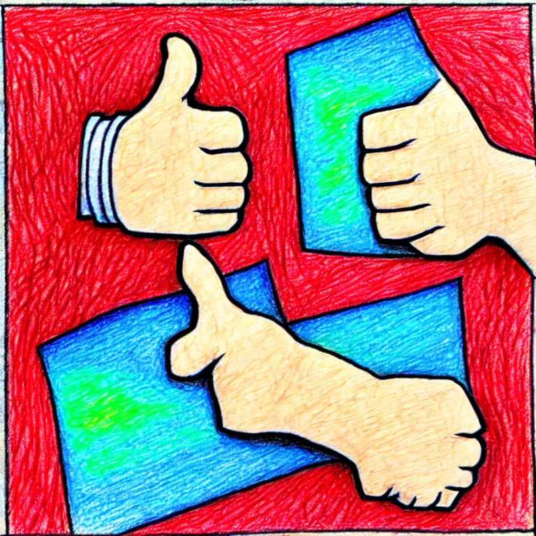 Image similar to Thumbs up; Thumbs down. Do you share your prompts around? If you take, I do not fret, but if I copy and also alter, will you regret, will our friendship falter? colored-pencil drawing as a fancy square tile