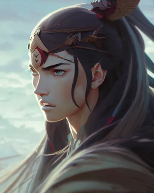 Image similar to azctec warrior, megan fox, detailed perfect face, exquisite details, fire magic, by studio muti, greg rutkowski makoto shinkai takashi takeuchi studio ghibli