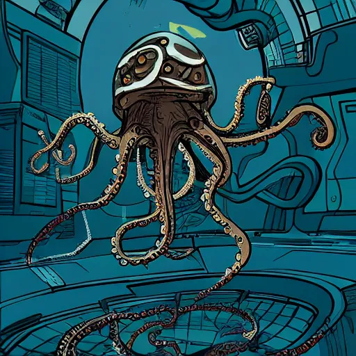 Image similar to a cyberpunk octopus, in the style of Ashley Wood and Moebius