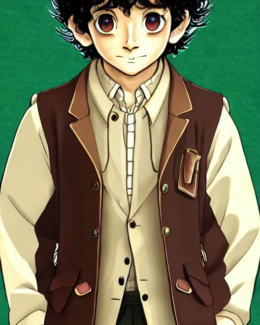 Prompt: portrait Anime joyful Hobbit Frodo Baggins; velvet brown jacket, backpack, Shire background || cute-fine-face, pretty face, realistic shaded Perfect face, fine details. Anime. realistic shaded lighting by Kim Jung Gi