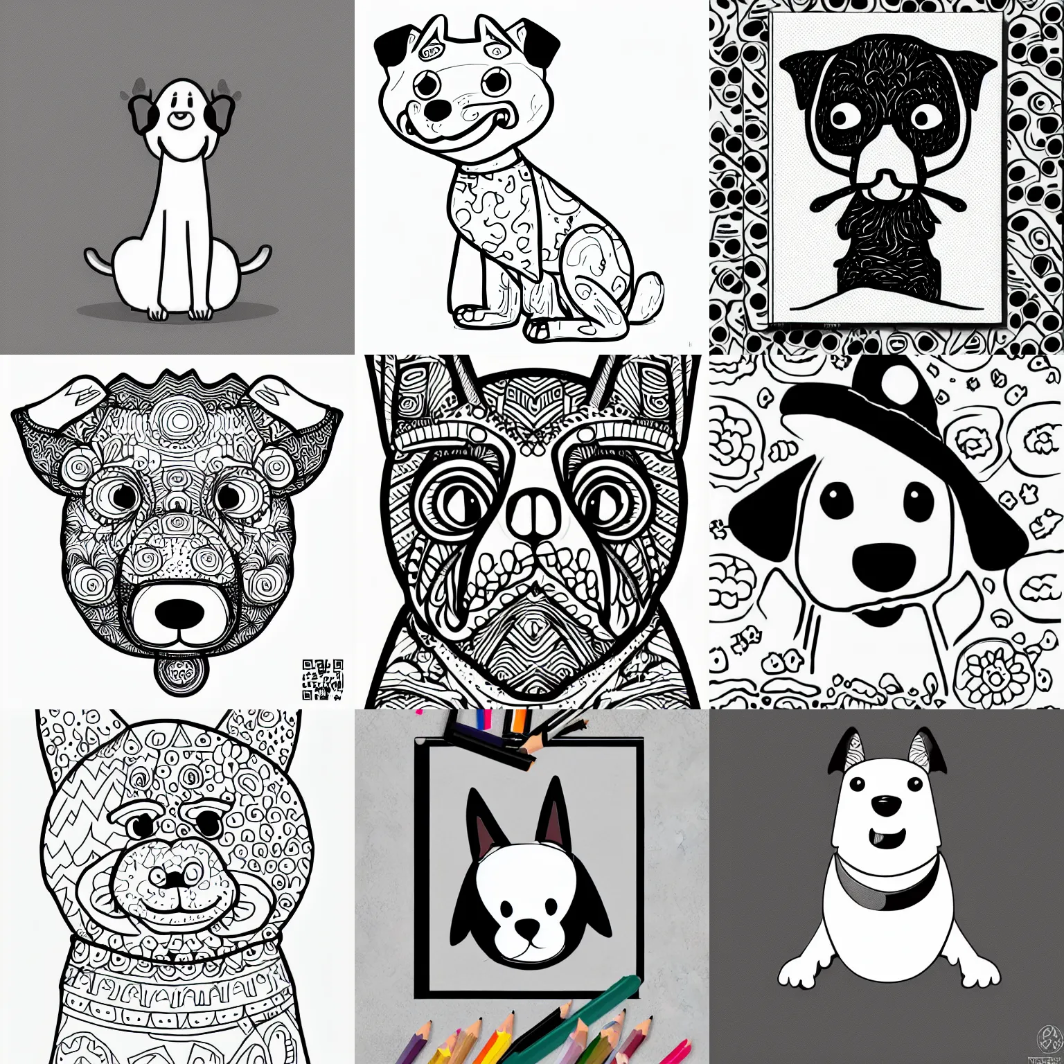 Prompt: funny dog illustration, coloring page, simplified black line art on white background, black and white, behance, devianart, artstation, dribble, creary, ello, cgsociety, drawcrowd, pixiv, concept art world, our art corner, newgrounds, doodle addicts, penup