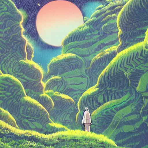 Image similar to illustration of a lush natural scene on an alien planet by hayao miyazaki. beautiful landscape. weird vegetation. cliffs and water.