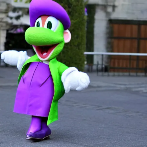 Image similar to anthropomorphic light green yoshi wearing a purple jacket, black shirt, purple skirt, purple heels, nintendo