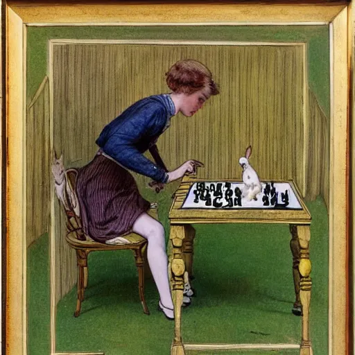 Image similar to a young edwardian woman playing chess against a rabbit, in the style of Carl Larsson