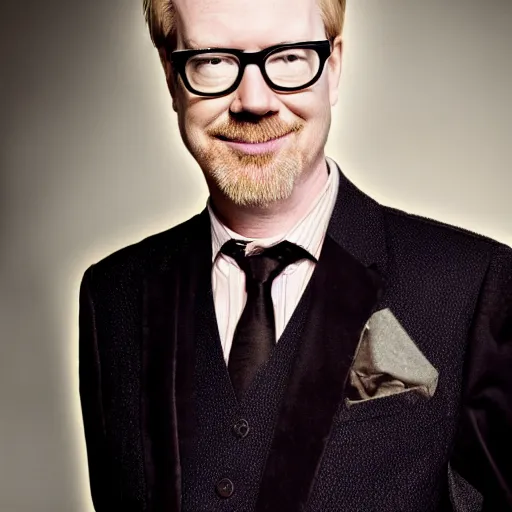 Image similar to adam savage in a fancy suit by a upscale party photoshoot