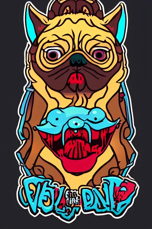 Image similar to Evil pug, the devil, sticker, blood thirsty, spawn of Satan, blood, evil, colorful, illustration, highly detailed, simple, smooth and clean vector curves, no jagged lines, vector art, smooth