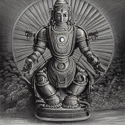 Prompt: a detailed engraving of a giant hindu robot god in the style of gustave dore