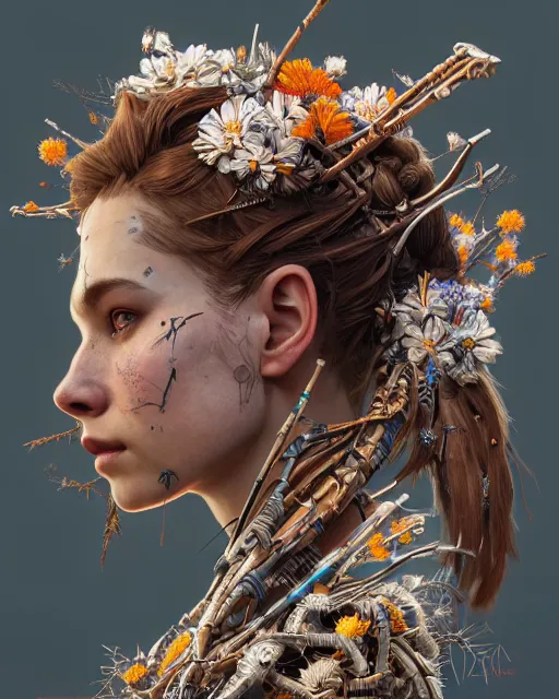 Image similar to symmetry!! portrait of a machine from horizon zero dawn, machine face, decorated with twigs and flowers, intricate, elegant, highly detailed, digital painting, artstation, concept art, smooth, sharp focus, illustration, art by artgerm and greg rutkowski and alphonse mucha, 8 k