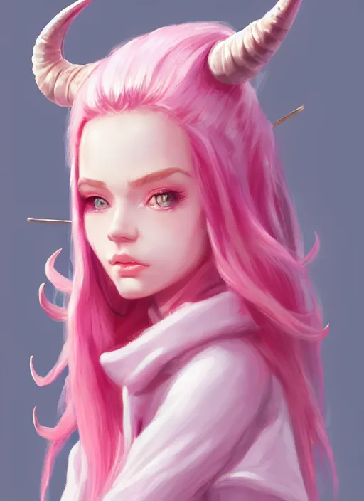 Image similar to a highly detailed illustration of cute smug pink haired pale girl with horns wearing oversized pink hoodie, dramatic smirk pose, intricate, elegant, highly detailed, centered, digital painting, artstation, concept art, smooth, sharp focus, league of legends concept art, wlop.