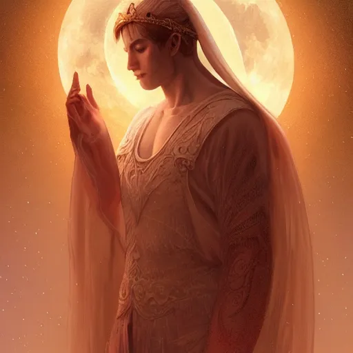 Image similar to A beautiful digital painting of a male Seraphim, king, the moon behind her, intricate, cinematic lighting, highly detailed, digital painting, Artstation, concept art, smooth, sharp focus, illustration, art by Tom Bagshaw, Artgerm and Greg Rutkowski