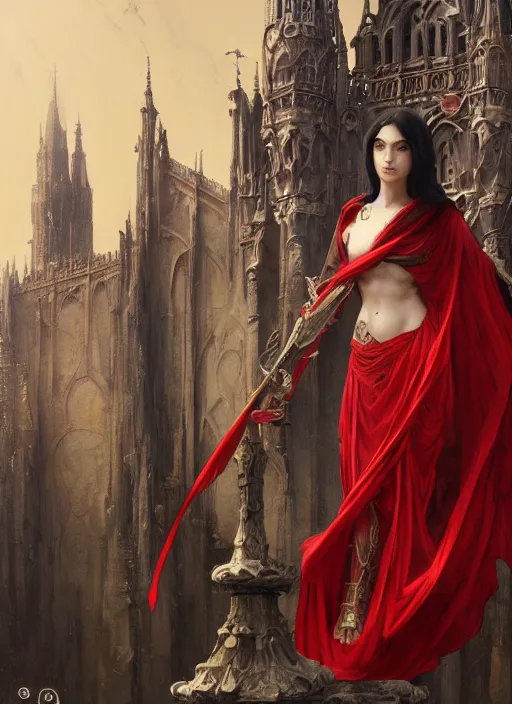 Image similar to A Full View of a Red Wizard wearing a robe and ornate armor in front of a gothic tower. masterpiece 4k digital illustration by Ruan Jia and Mandy Jurgens and Artgerm and greg rutkowski and Alexander Tsaruk and WLOP and william-adolphe bouguereau, award winning, Artstation, art nouveau aesthetic, Alphonse Mucha background, intricate details, realistic, panoramic view, Hyperdetailed, 8k resolution, intricate art nouveau