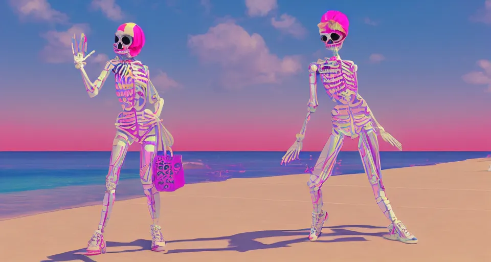 Image similar to fullbody vaporwave art of a fashionable skeleton girl at a beach, early 90s cg, 3d render, 80s outrun, low poly, from Hotline Miami