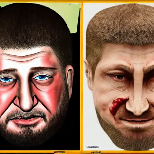 Image similar to ramzan kadyrov became bloody ugly puppet of putin, photo - realistic, color image, 2 k, highly detailed, bodyhorror, occult art