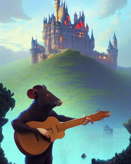 Prompt: highly detailed surreal vfx portrait antropomorphic rat holding guitar looking castle in the distance stephen bliss unreal engine greg rutkowski loish, rhads, beeple, makoto shinkai and lois van baarle ilya kuvshinov rossdraws, tom bagshaw, alphonse mucha, global illumination, detailed and intricate environment