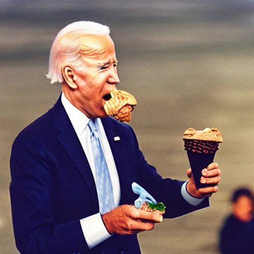 Prompt: photo of joe biden licking an ice cream cone of poop, cinestill, 800t, 35mm, full-HD