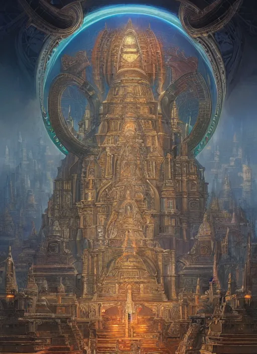 Image similar to cybertronic hindu temple, intricate, elegant, highly detailed, centered, digital painting, artstation, concept art, smooth, sharp focus, illustration, artgerm, tomasz alen kopera, peter mohrbacher, donato giancola, joseph christian leyendecker, wlop, boris vallejo.